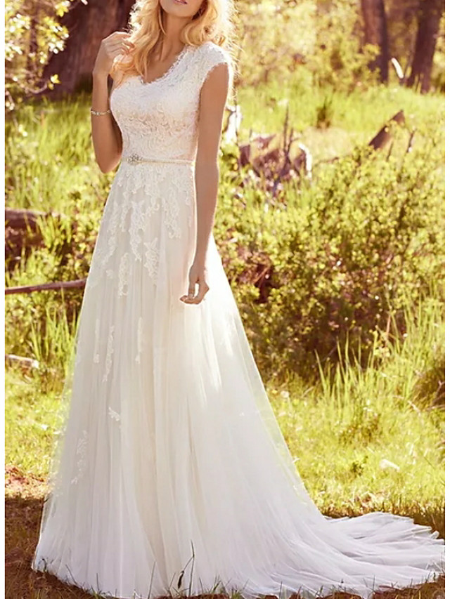 Long A-Line V Neck Lace Tulle Straps Wedding Dresses