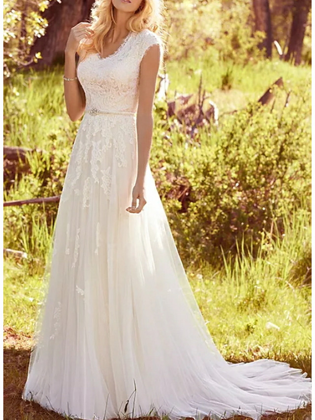 Long A-Line V Neck Lace Tulle Straps Wedding Dresses