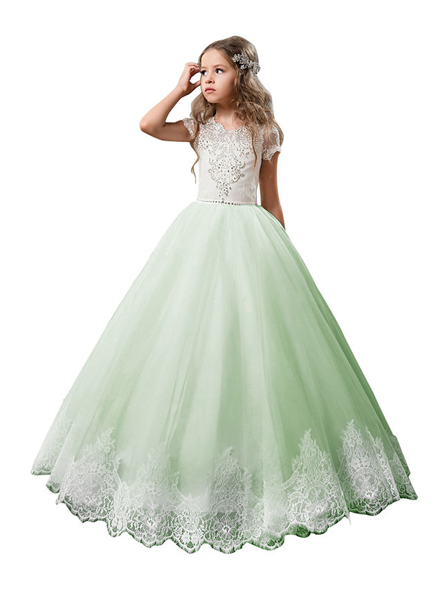 Princess Floor Length Wedding / Birthday / First Communion Flower Girl Dresses - Cotton / Nylon With A Hint Of Stretch / Lace / Tulle Short Sleeve Jewel Neck With Lace / Crystals / Rhinestones