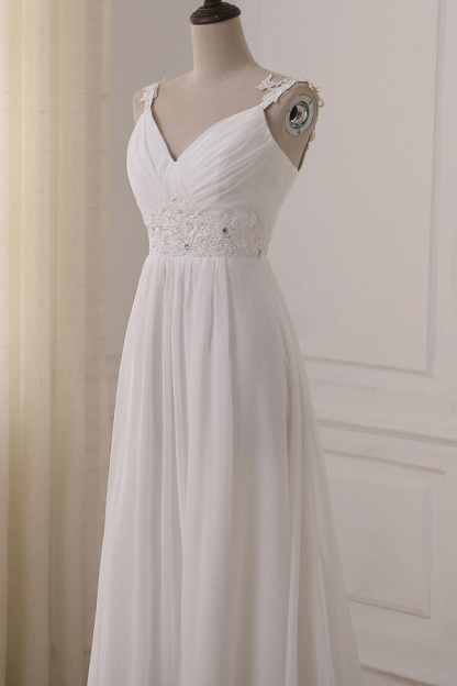 Elegant Long A-line Ruffle V-neck Chiffon Wedding Dress