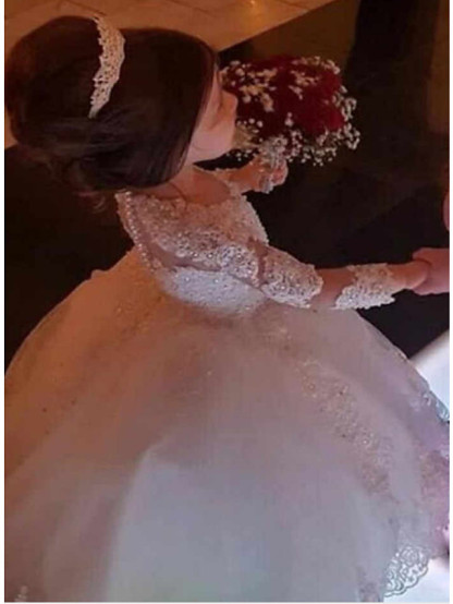 Ball Gown Floor Length Wedding Flower Girl Dresses - Lace Long Sleeve Jewel Neck With Appliques / Solid