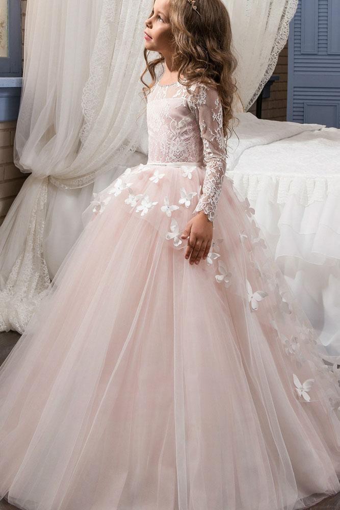 White Scoop Neck Long Sleeves Ball Gown Flower Girls Dress