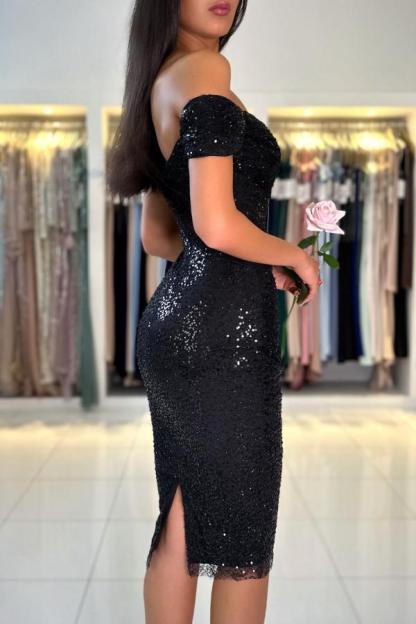 Black Short Mermaid Off the Shoulder Sequined Formal Party Dresses