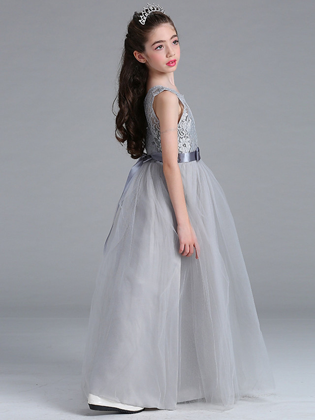 Long Floor Length Tulle Lace Junior Bridesmaid Dress A-line Flower Girl Dresses