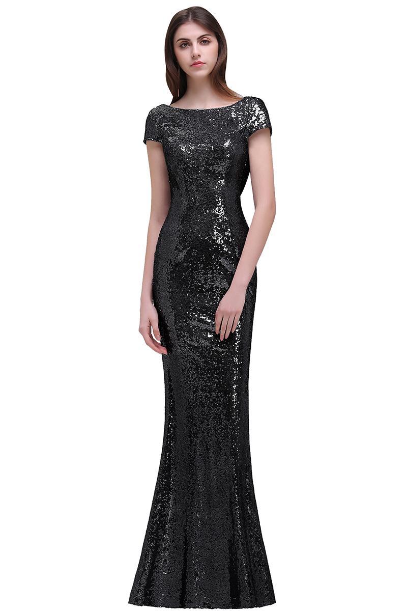 Golden Sequins Scoop Neck Mermaid Evening Dress Floor Length Bridesmaid Dress