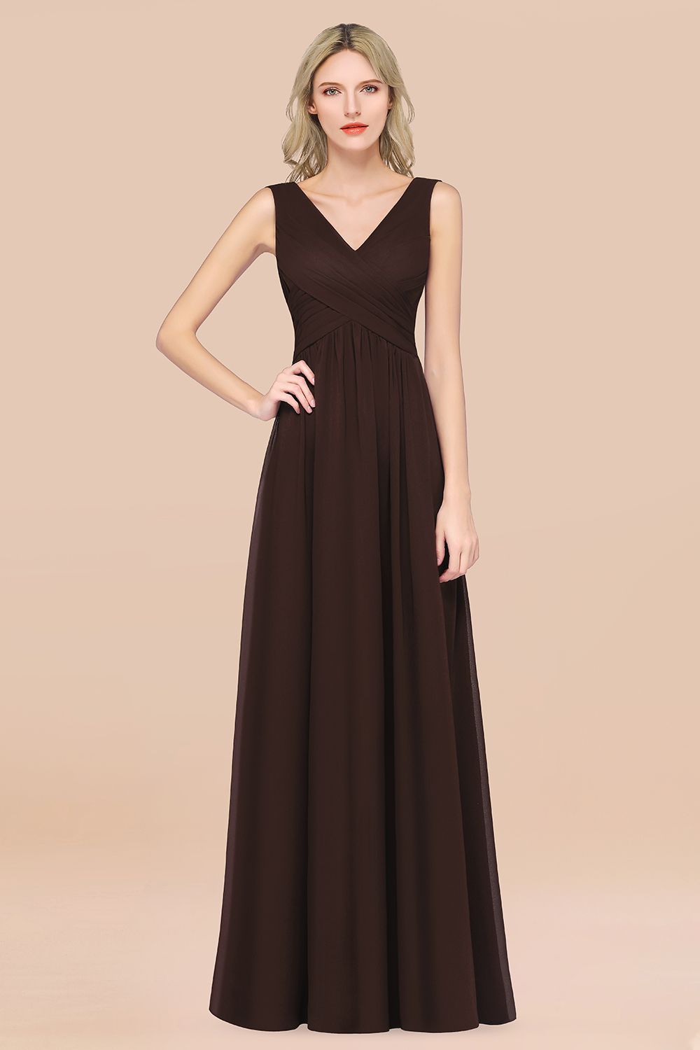 A-Line Chiffon Straps V-Neck Sleeveless Floor-Length Bridesmaid Dress with Ruffles