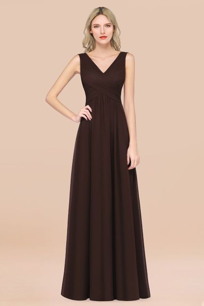 A-Line Chiffon Straps V-Neck Sleeveless Floor-Length Bridesmaid Dress with Ruffles
