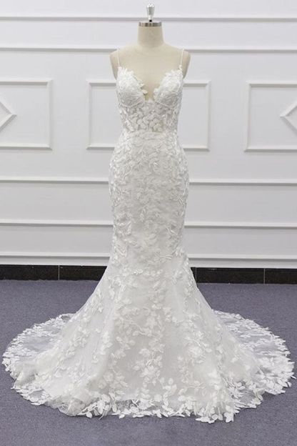 Long Sweetheart Spaghetti Strap Appliques Lace Mermaid Wedding Dress