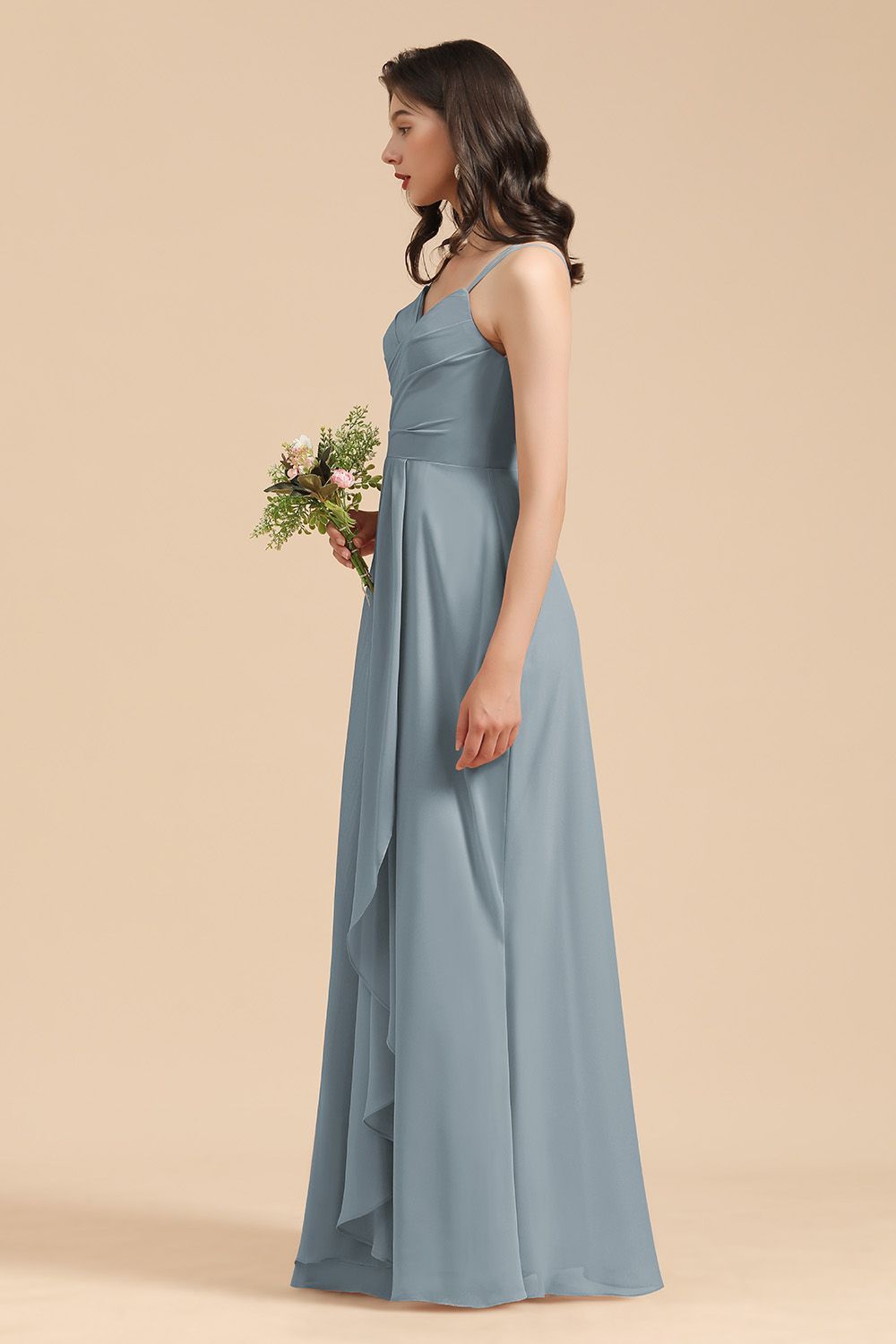 Long A-line V-Neck Chiffon Bridesmaid Dress Dusty Blue Wedding Guest Dress