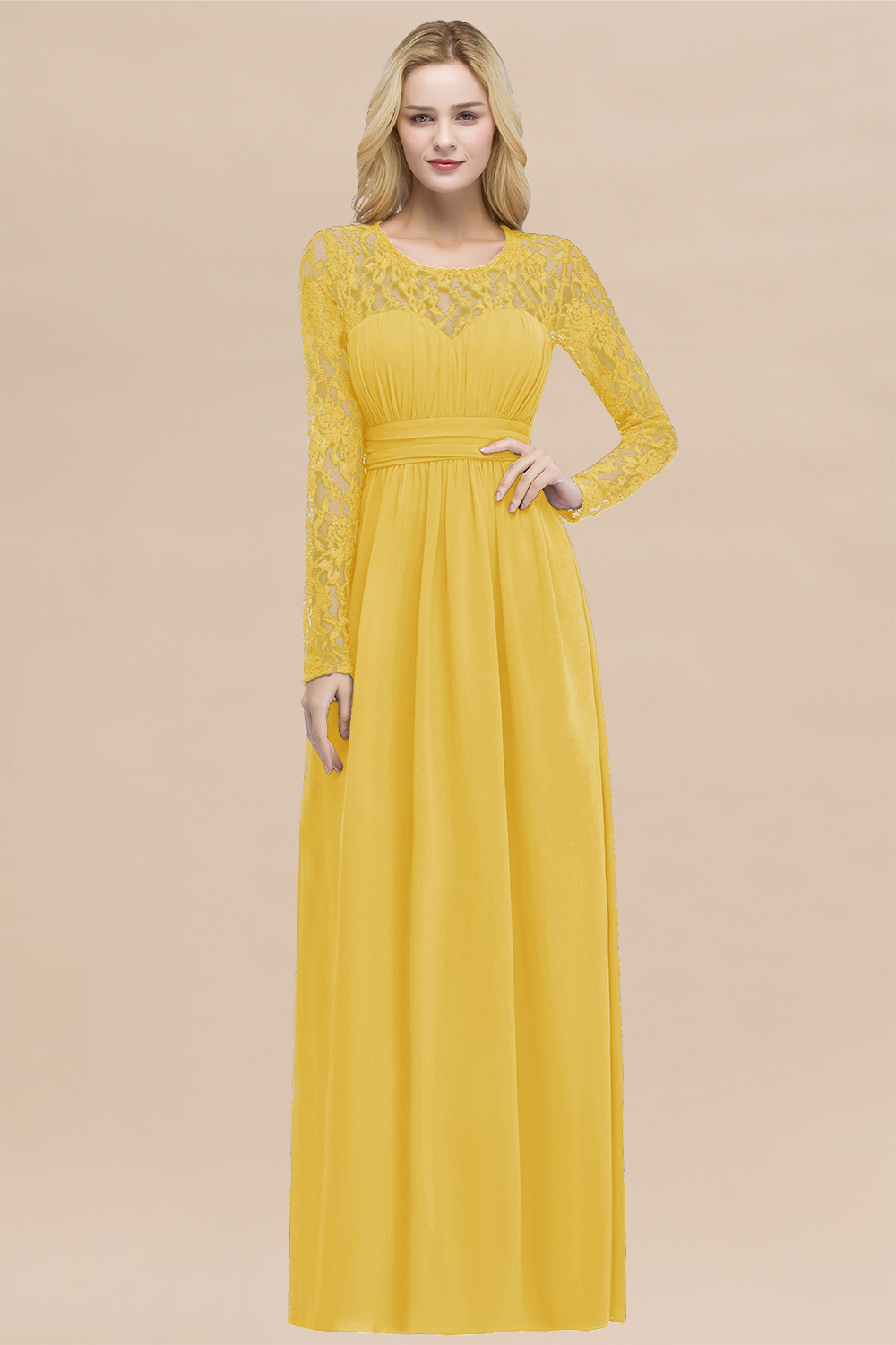 Elegant A-Line Chiffon Jewel Long Sleeves Ruffles Floor-Length Bridesmaid Dresses