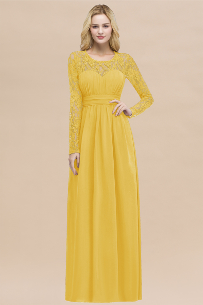 Elegant A-Line Chiffon Jewel Long Sleeves Ruffles Floor-Length Bridesmaid Dresses