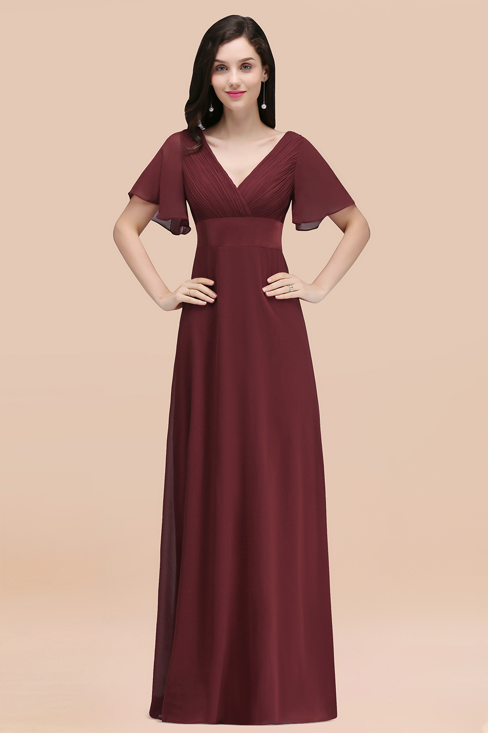 Simple A-Line Chiffon V-Neck Short-Sleeves Ruffles Floor-Length Bridesmaid Dresses