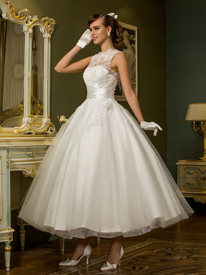 Short A-Line Satin Lace Ankle Length Vintage Wedding Dresses