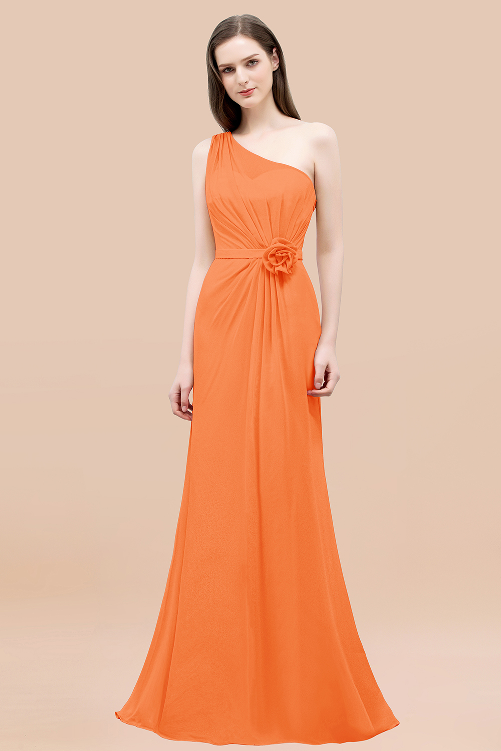 Mermaid Chiffon One-shoulder Sleeveless Ruffled Floor-Length Bridesmaid Dresses with Flower