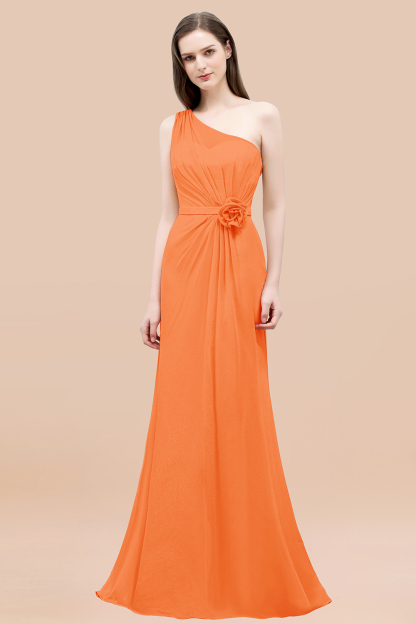 Mermaid Chiffon One-shoulder Sleeveless Ruffled Floor-Length Bridesmaid Dresses with Flower
