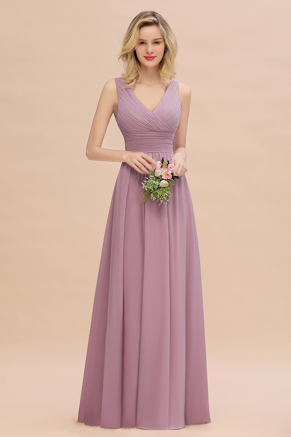 Elegant A-line V-Neck Ruffles Long Bridesmaid Dress