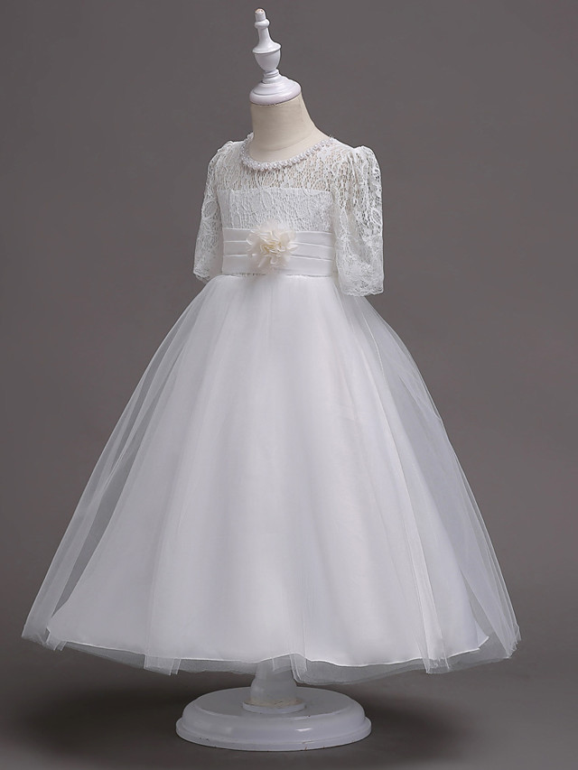 Princess Tea Length Wedding / First Communion Flower Girl Dresses - Lace / Satin / Tulle Half Sleeve Jewel Neck With Lace / Belt / Beading