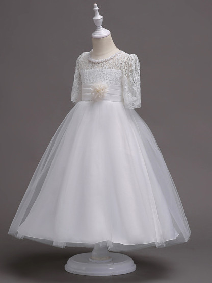 Princess Tea Length Wedding / First Communion Flower Girl Dresses - Lace / Satin / Tulle Half Sleeve Jewel Neck With Lace / Belt / Beading