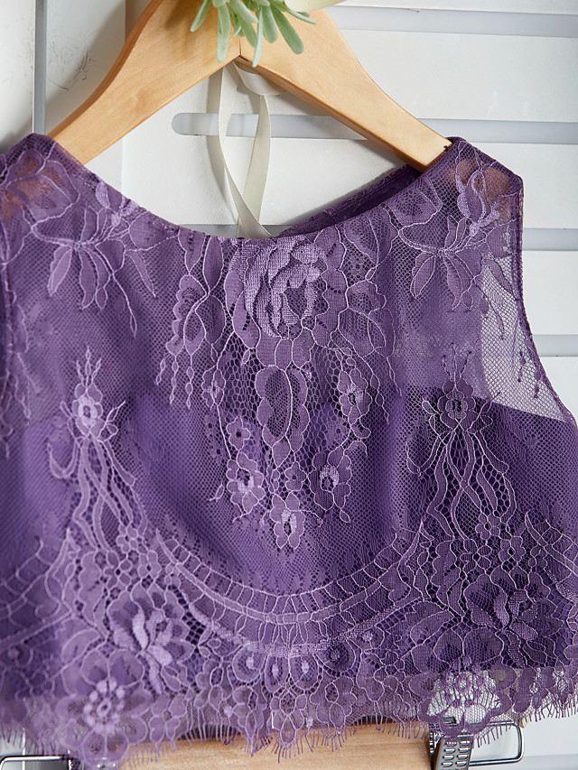 Long A-line Two Piece Chiffon Lace Junior Bridesmaid Dress