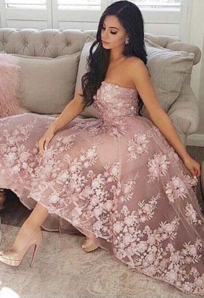 Fashion A-line Lace Strapless High Low Prom Dresses