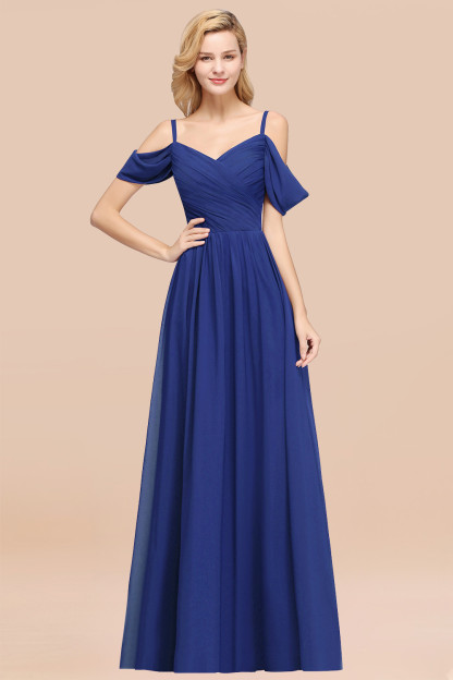 A-Line Chiffon V-Neck Spaghetti Straps Short-Sleeves Floor-Length Bridesmaid Dresses with Ruffles