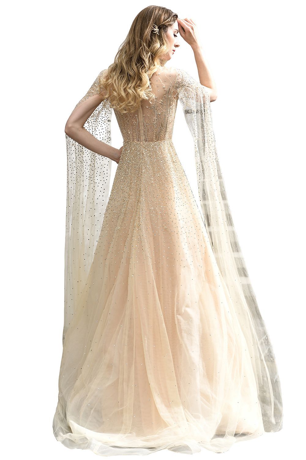 Luxury Shawl Sequined A-line Long Prom Dress