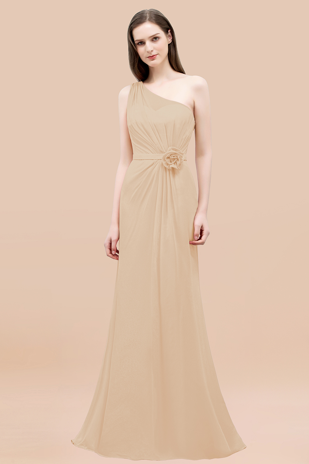 Mermaid Chiffon One-shoulder Sleeveless Ruffled Floor-Length Bridesmaid Dresses with Flower