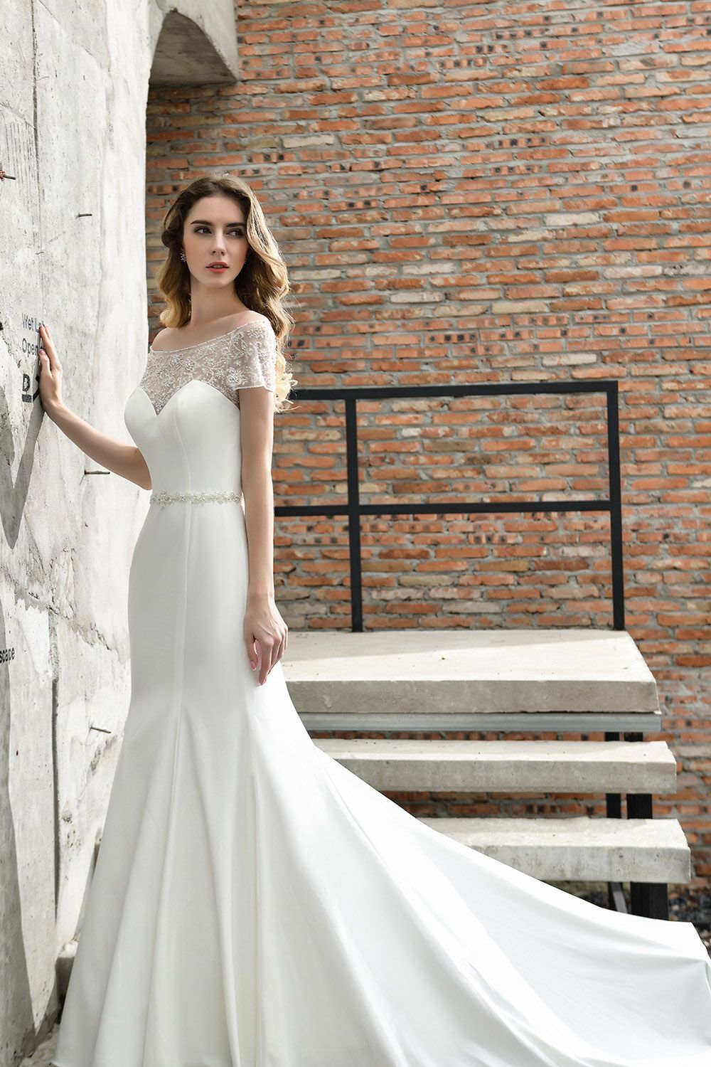 Long Mermaid Satin Belt Lace White Dresses with Short Sleeves