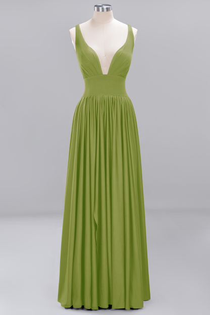 A-Line V-Neck Sleeveless Long Ruffles Bridesmaid Dress