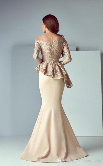 Modest Long Mermaid Lace Satin Formal Prom Dresses with Sleeves