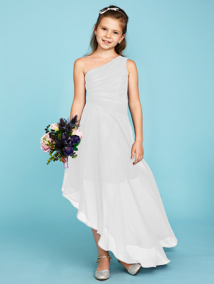 A-Line One Shoulder Asymmetrical Chiffon Junior Bridesmaid Dress With Side Draping / Wedding Party
