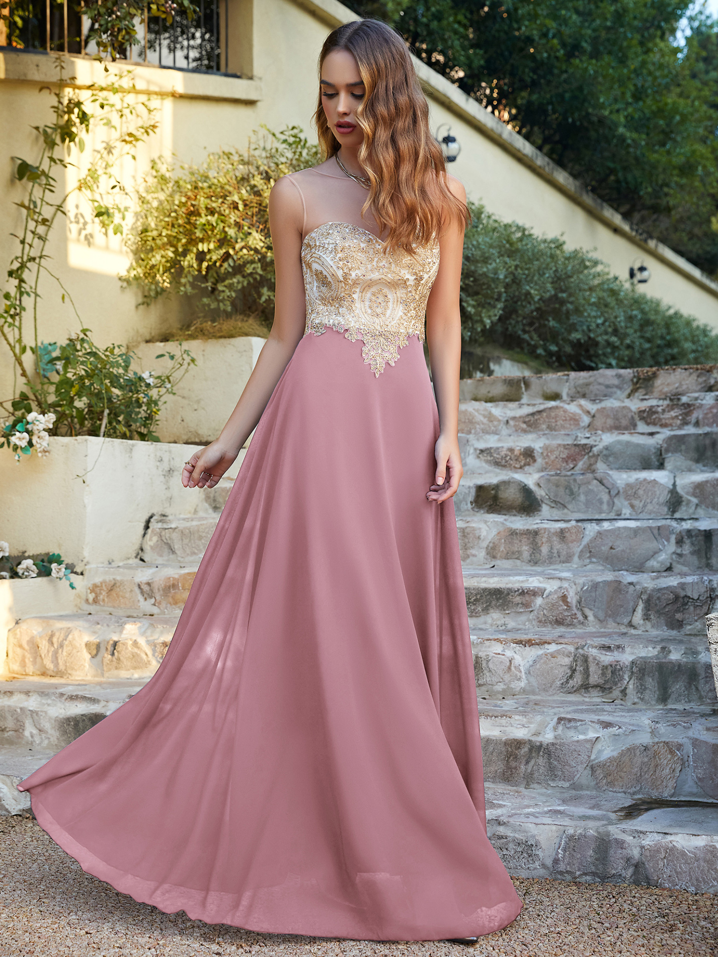 Elegant Long A-line Chiffon Sleeveless Tulle Lace Appliques Prom Dress