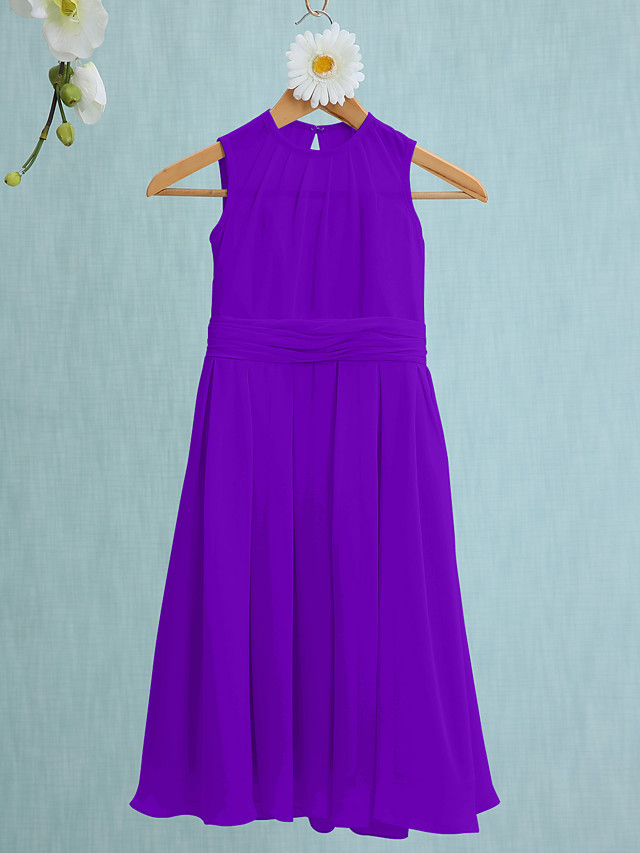 Sky Blue Long A-line Jewel Neck Knee Length Chiffon Junior Bridesmaid Dress