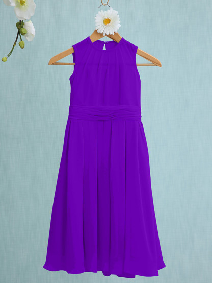 Sky Blue Long A-line Jewel Neck Knee Length Chiffon Junior Bridesmaid Dress