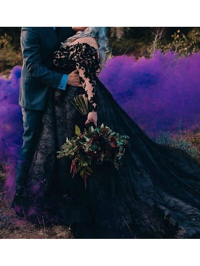 A-Line V Neck Court Train Lace Tulle Long Sleeve Country Plus Size Black Wedding Dresses