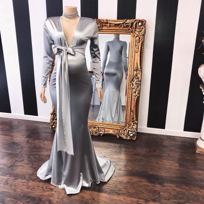 Elegant Long Mermaid V-neck Adjustable Pregnant Formal Dresses with Sleeves