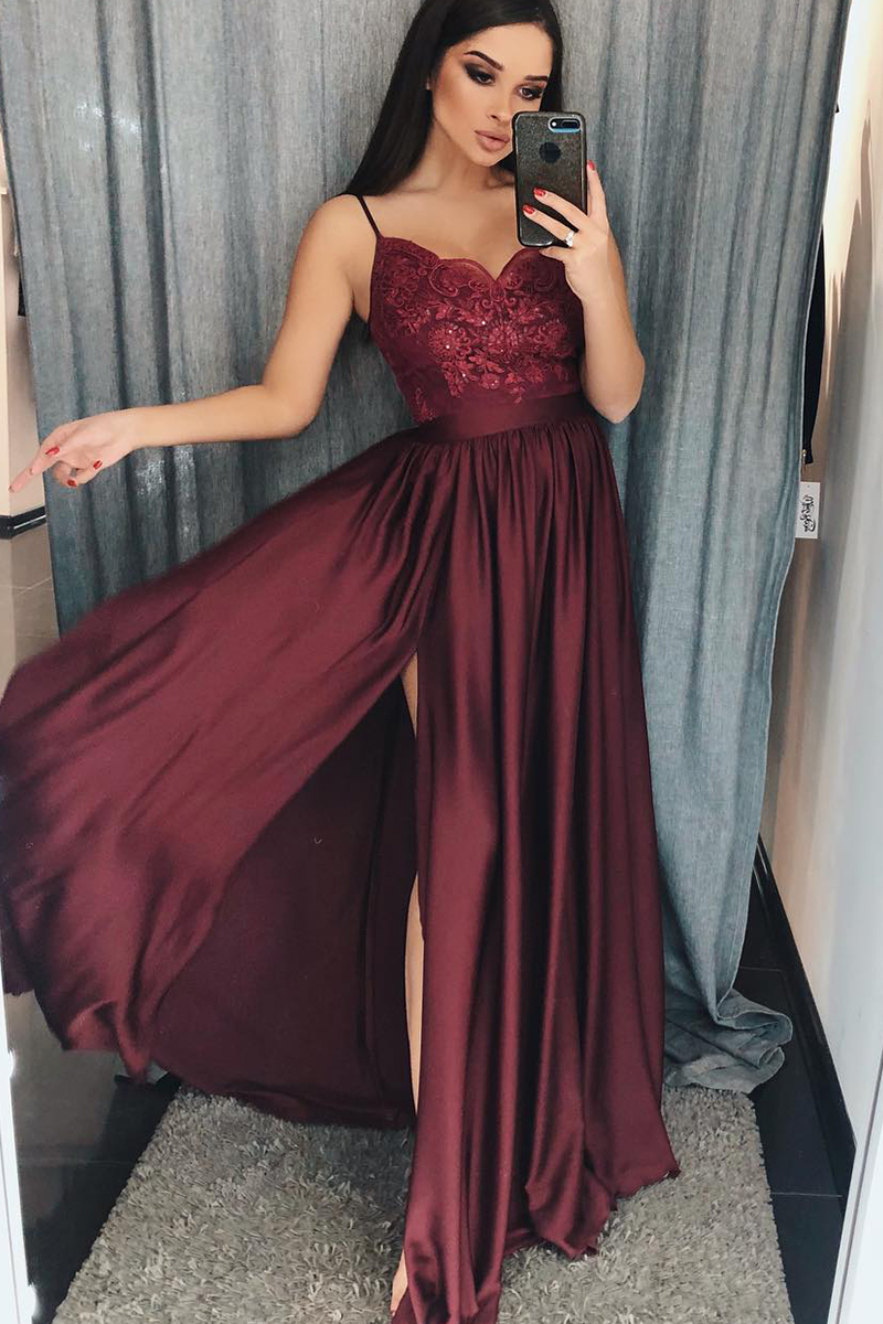 Chic Spaghetti Straps Beading A-Line Ruffles Floor-length Prom Dress With Side Slit