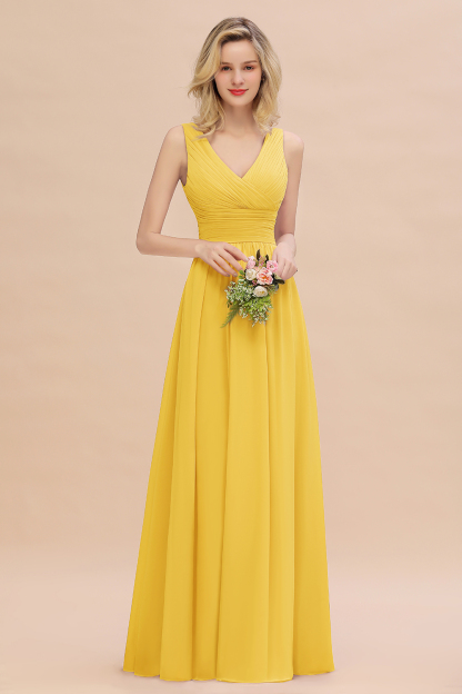 Elegant A-line V-Neck Ruffles Long Bridesmaid Dress