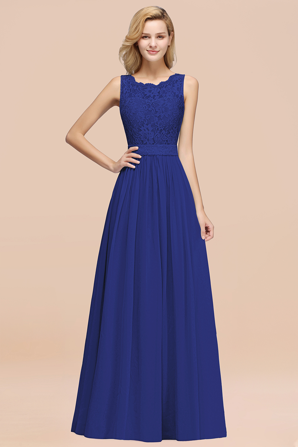 Chiffon A-Line Lace Scalloped Sleeveless Long Ruffles Bridesmaid Dress
