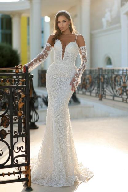Spaghetti Straps Sweetheart Detachable Train Lace Mermaid Wedding Dress with Long Gloves