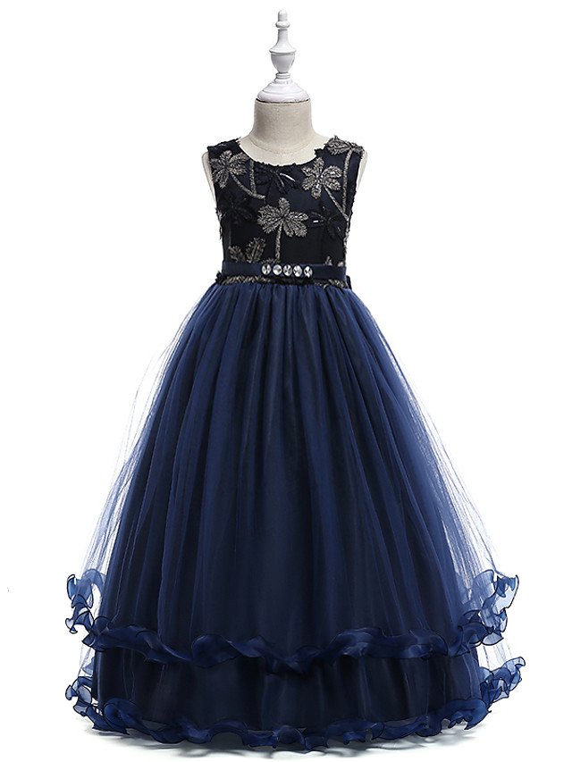 Burgundy Long A-line Tulle Sleeveless Jewel Neck Flower Girl Dresses