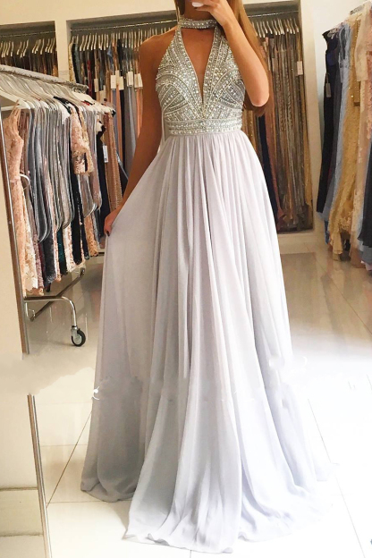 Elegant Halter Keyhole Beading A-Line Ruffles Floor-length Prom Dress