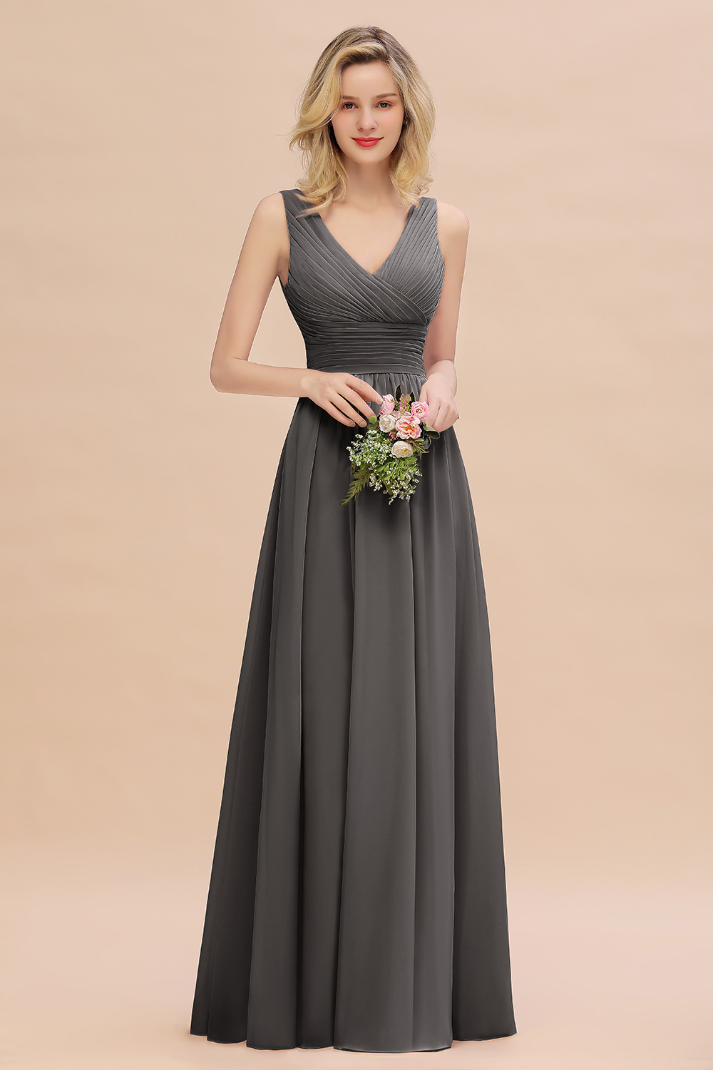 Elegant A-line V-Neck Ruffles Long Bridesmaid Dress