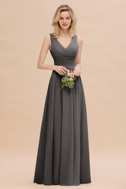 Elegant A-line V-Neck Ruffles Long Bridesmaid Dress
