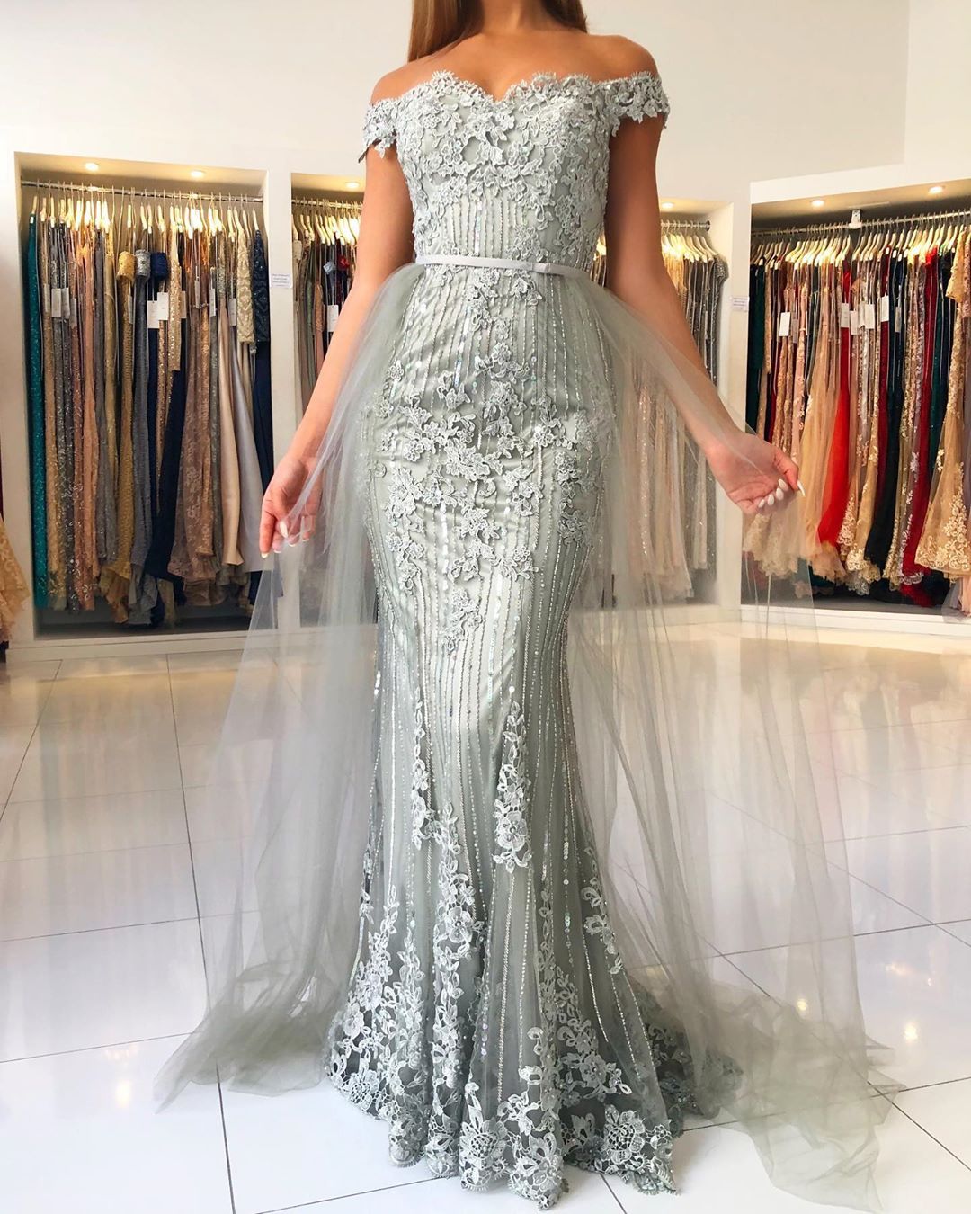 Modest Long Mermaid Off-the-shoulder Glitter Prom Dress