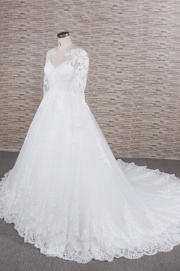 Plus Size Long A-line Applqiues Lace Tulle Wedding Dress with Sleeves