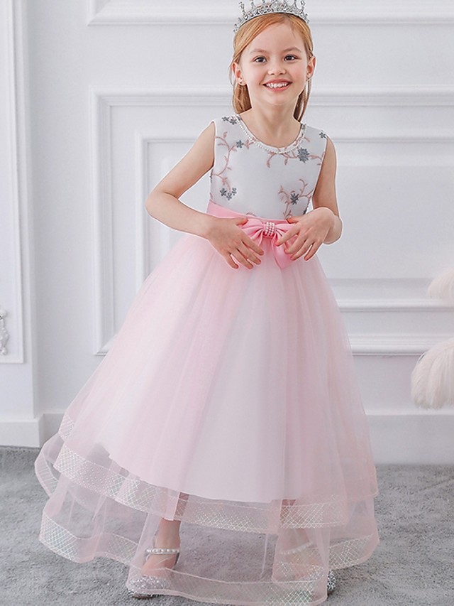 Princess / Ball Gown Floor Length Wedding / Party Flower Girl Dresses - Tulle Sleeveless Jewel Neck With Sash / Ribbon / Bow(S) / Appliques