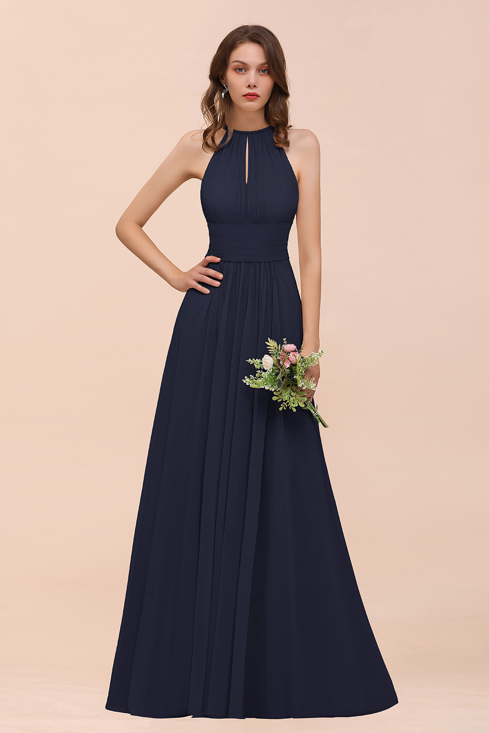 Elegant Long A-Line Jewel Ruffle Chiffon Champagne Bridesmaid Dress