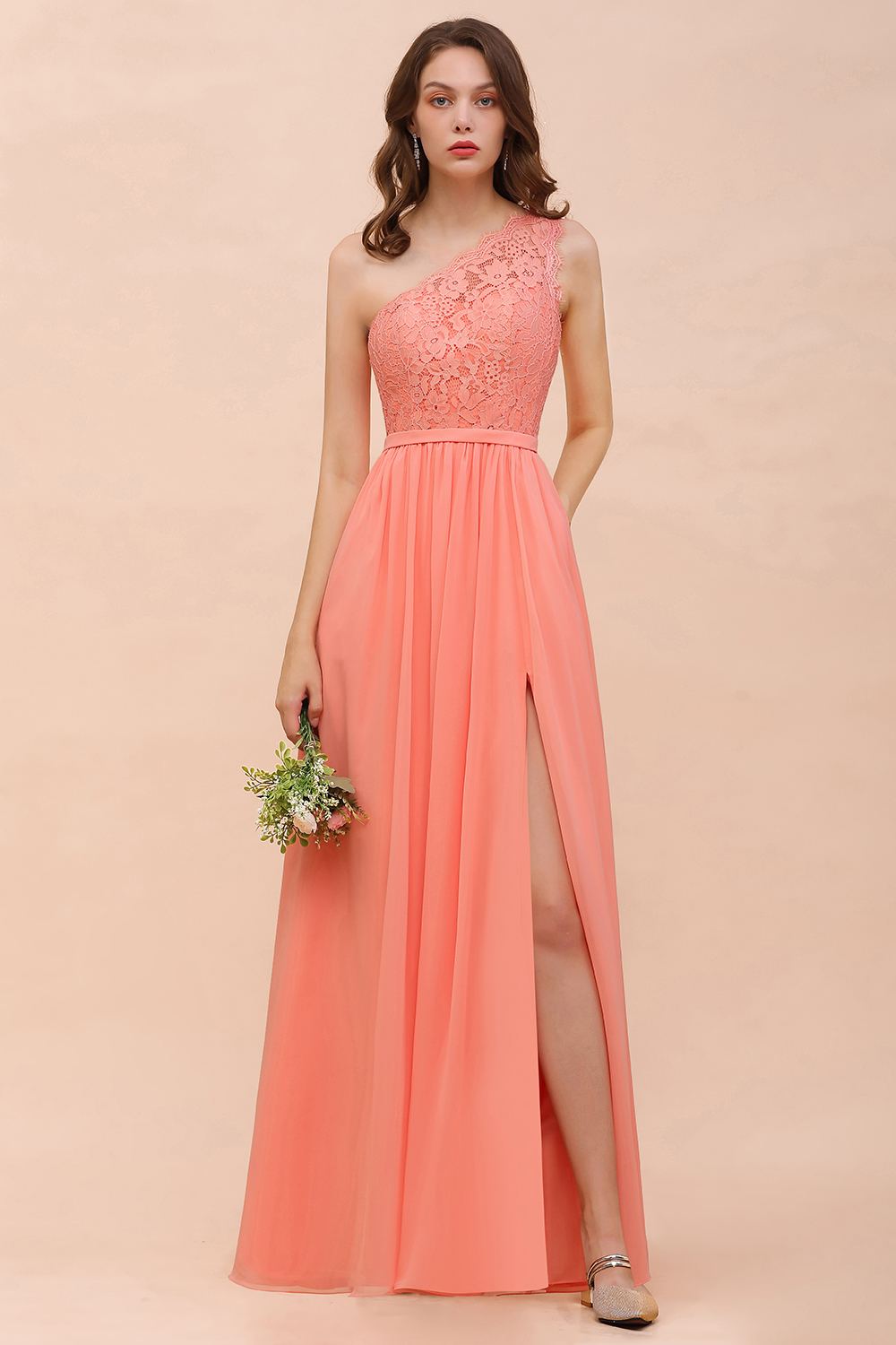 Gorgeous Long A-line One Shoulder Lace Coral Chiffon Bridesmaid Dress with Slit