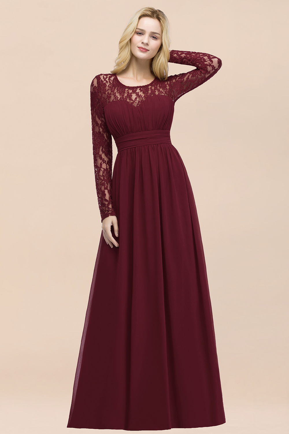 Elegant A-Line Chiffon Jewel Long Sleeves Ruffles Floor-Length Bridesmaid Dresses